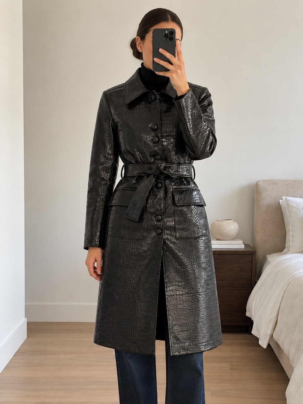 STCOSH Black Croc Embossed Faux Leather Belted Trench Coat Size S NWT